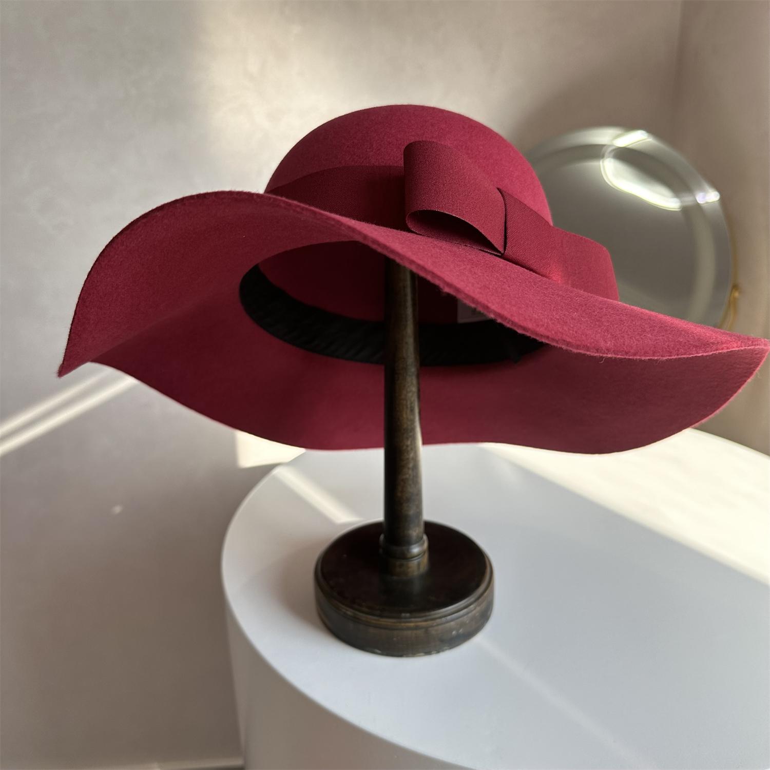 酒红色毛呢大沿礼帽女士秋冬圆顶宽檐羊毛帽盆帽欧美蝴蝶结大帽檐