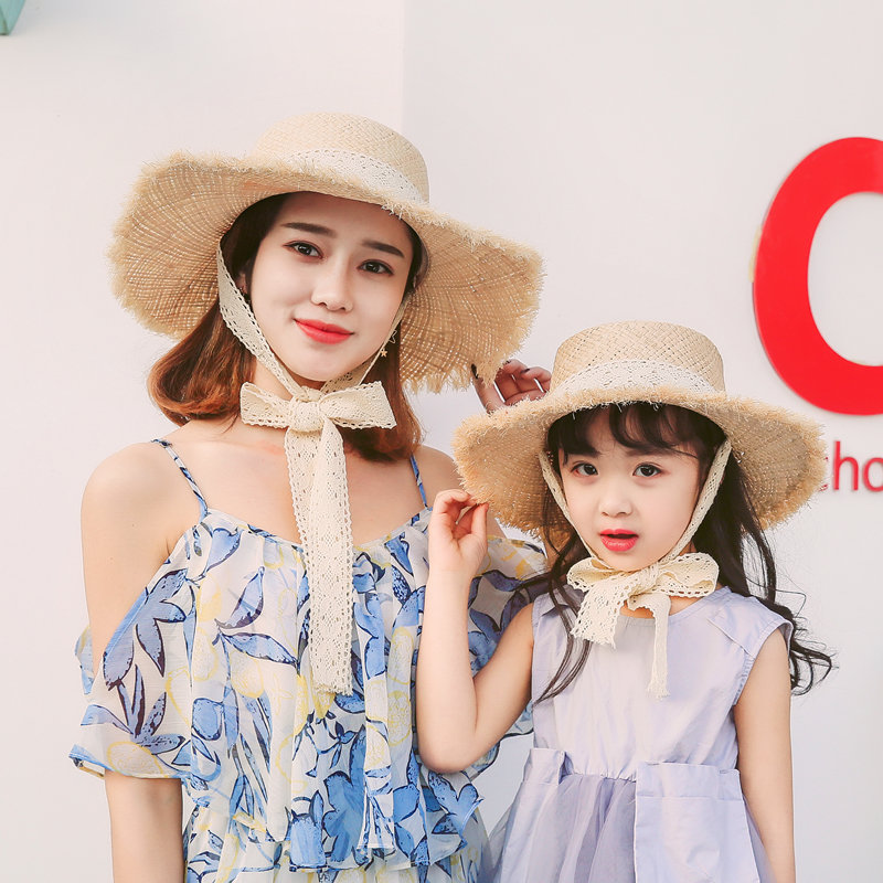 清甜|日系夏母女亲子遮阳帽拉菲草蕾丝绑带帽儿童草帽大檐太阳帽