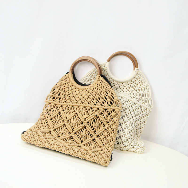 chic网兜包手工编织镂空手提袋韩国ins复古木柄棉绳钩包手提网包