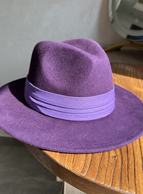 高雅紫色羊毛呢礼帽女英伦复古绅士帽子洋气时尚秋冬爵士帽平沿帽