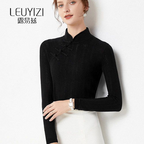 镂空钩花中式复古盘口新款针织衫