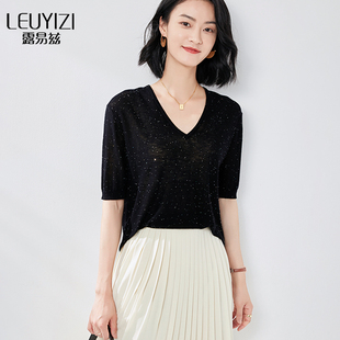 夏珠片水溶羊毛女士打底衫 宽松薄款 2024新款 针织衫 上衣 女v领短袖