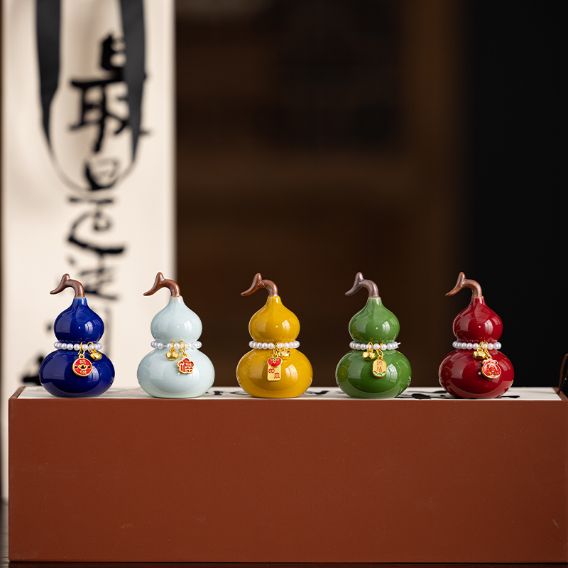 陶瓷葫芦招财摆件五福临门手捻把玩把件中式书房玄关桌面装饰品