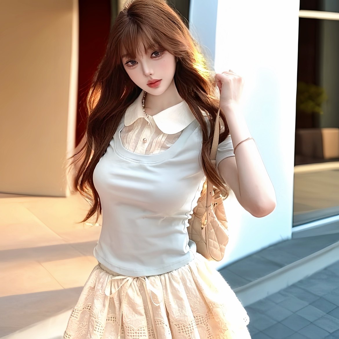2025新款韩系少女学院风POLO领假两件上衣百搭减龄蓬蓬半身裙套装