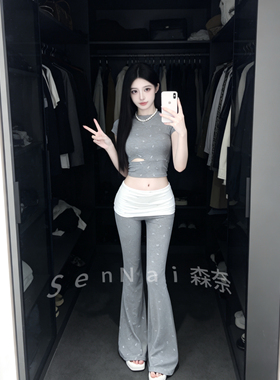 甜辣妹蝴蝶结套装女夏季新款镂空短袖T恤撞色拼接微喇长裤两件套