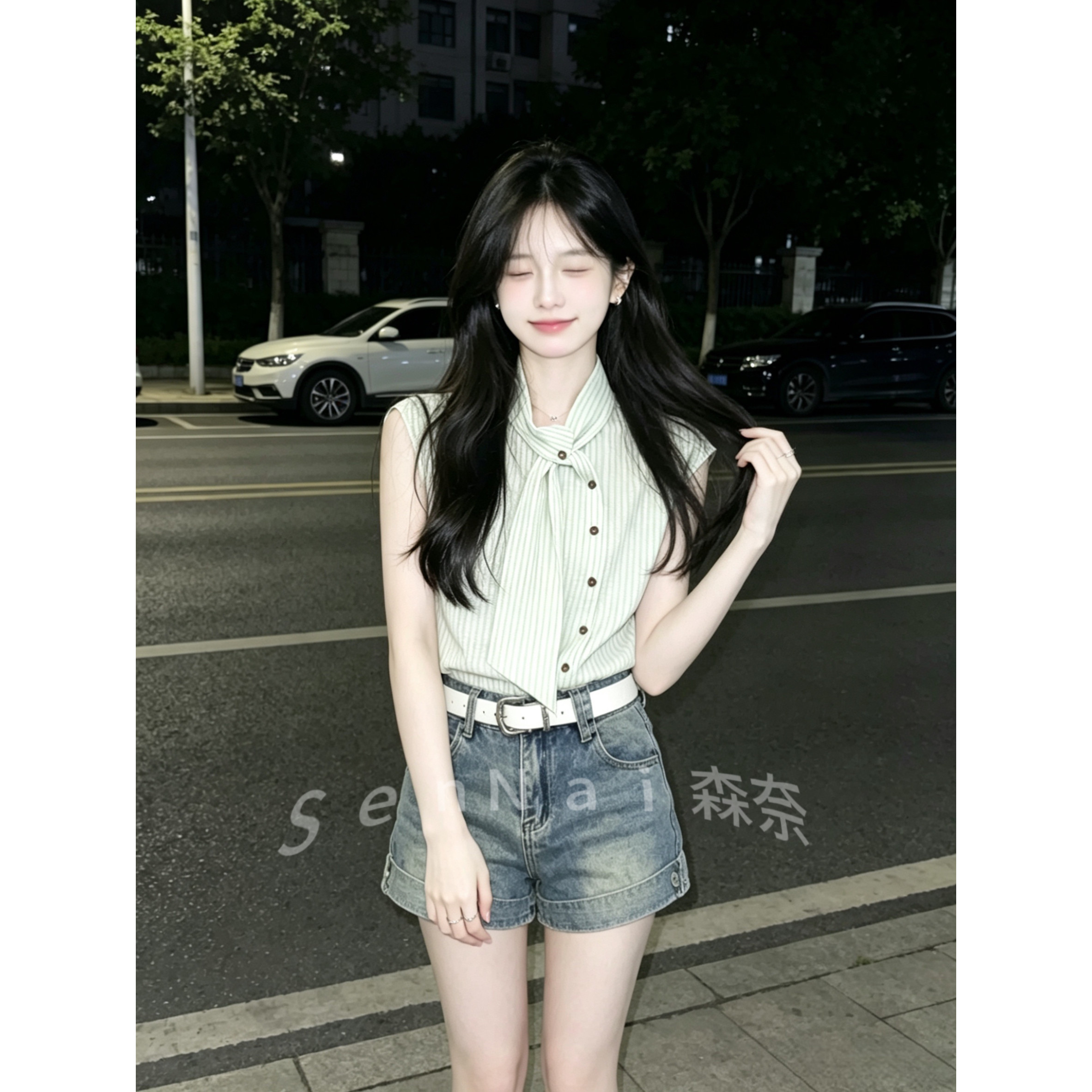 韩系条纹领带衬衫女夏季单排扣图片