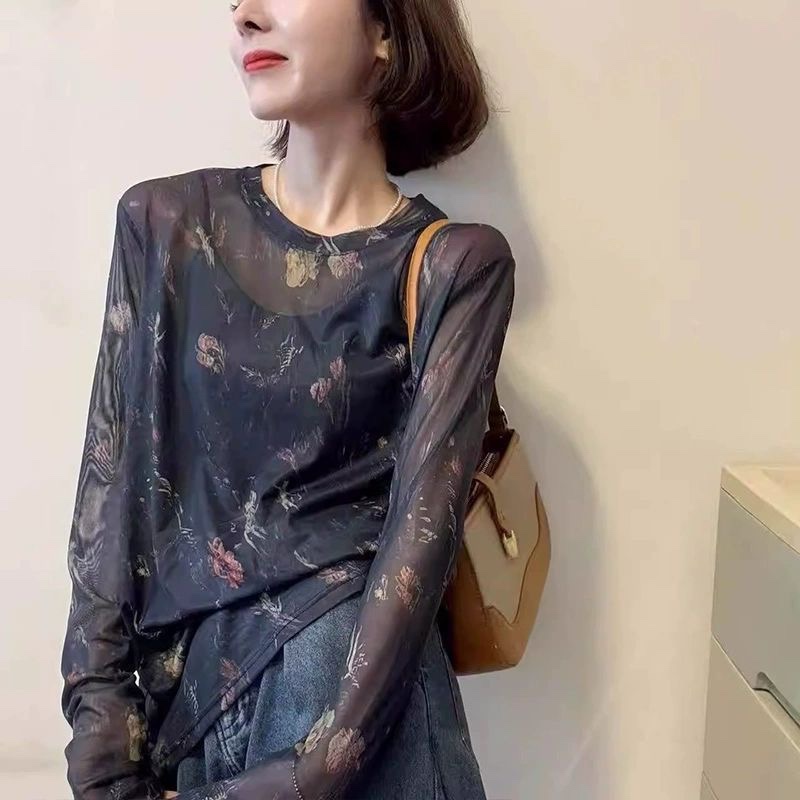 时尚感蓝色晕染印花网纱长袖防晒