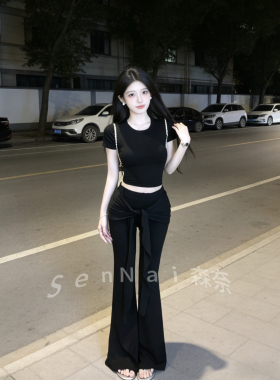 夏季纯欲风修身显瘦短袖正肩T恤上衣假两件微喇叭休闲裤两件套女