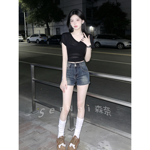 美式复古牛仔短裤女2026夏季新款高腰紧身辣妹弹性小个子弹力热裤