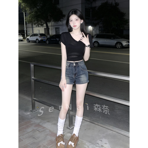 美式复古高腰紧身牛仔热裤女
