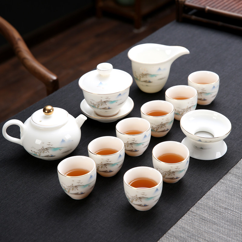 如瓷动人珐瑯彩功夫茶具套组家用高档羊脂玉白瓷喝茶茶杯盖碗茶壶