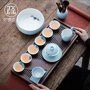 如瓷动人手绘功夫茶具套组家用简约陶瓷盖碗泡茶壶整套喝茶杯高档