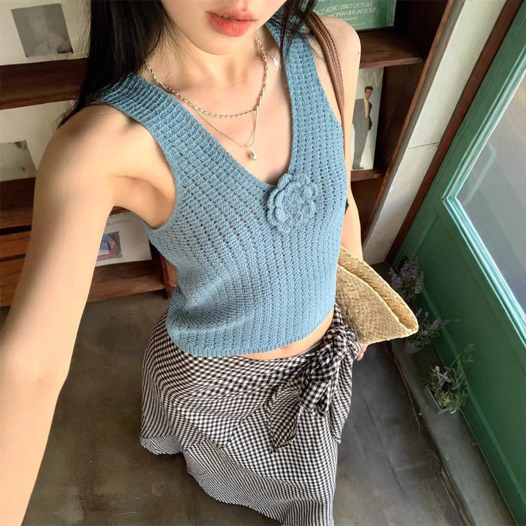 立体花朵v领针织吊带背心女夏季蓝色修身无袖外穿设计感辣妹上衣