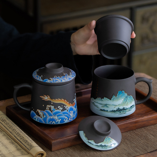 高档紫砂杯女士茶水分离过滤陶瓷办公杯家用泡茶杯个人三件杯定制