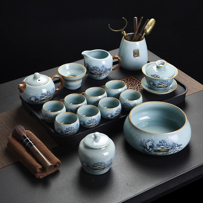 天青汝窑功夫茶具套组雪景陶瓷轻奢高档家用中式茶壶盖碗茶杯茶盘