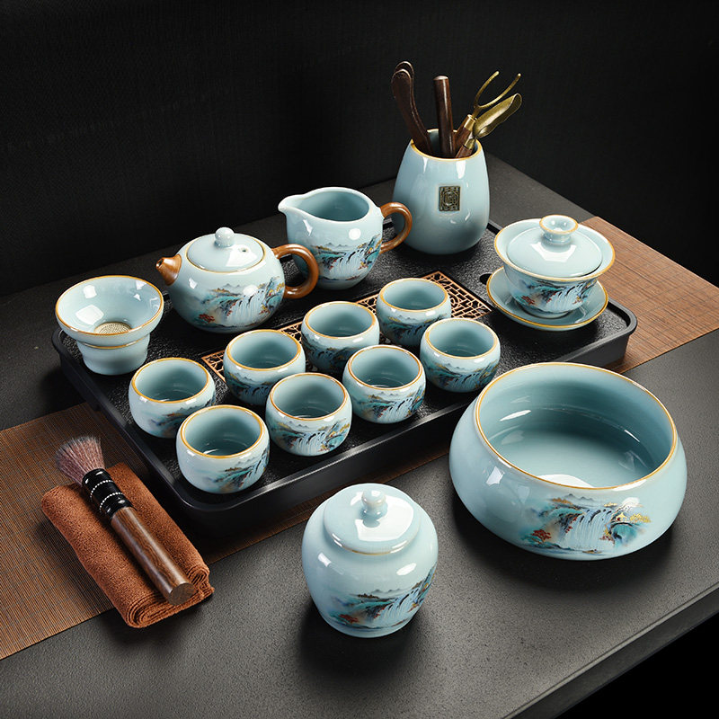 千里江山汝窑功夫茶具套组天青珐瑯彩陶瓷茶壶盖碗茶盘轻奢礼品