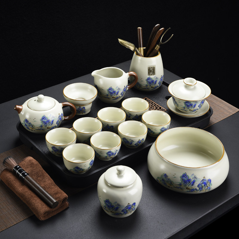 千里江山汝窑功夫茶具礼盒套装米黄珐琅彩陶瓷茶壶盖碗茶盘礼品