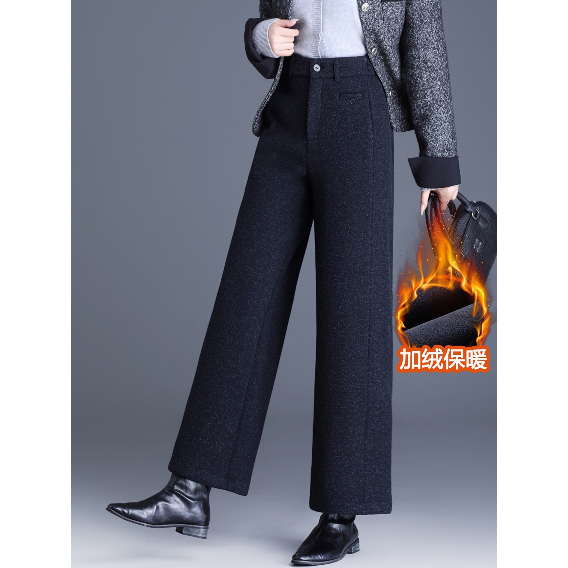 声雨竹窄版羊毛呢阔腿裤女冬季加绒加厚妈妈裤子显瘦宽松保暖直筒