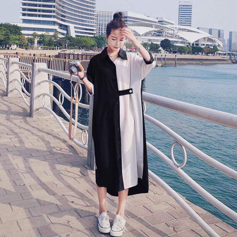 声雨竹胖mm大码韩版设计感衬衫连衣裙女2026夏简约撞色宽松显瘦过
