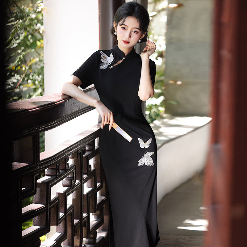 声雨竹刺绣黑色国风新中式苏州长款旗袍改良年轻款2026新款女高级