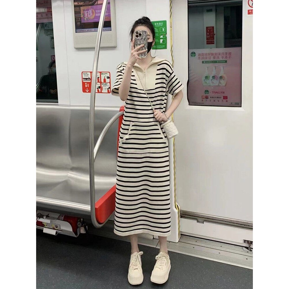 声雨竹网红炸街条纹连衣裙女夏季设计感polo领短袖中长款拼色过膝
