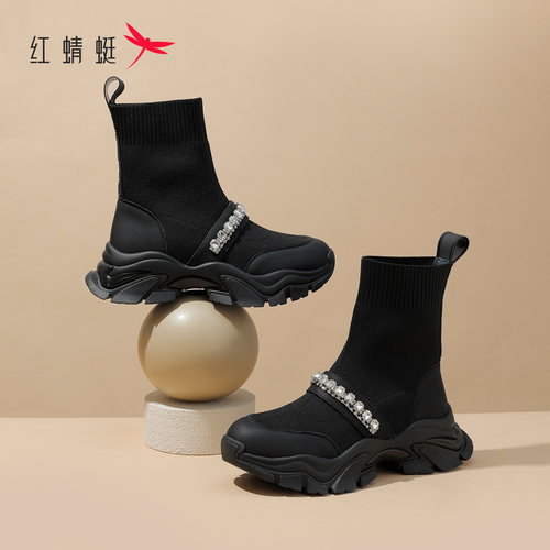 红蜻蜓弹力靴女秋冬新款时尚黑色水钻厚底袜靴百搭瘦瘦靴舒适短靴
