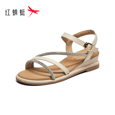 红蜻蜓休闲凉鞋女夏季一字带水钻坡跟女鞋舒适简约时尚百搭凉鞋女