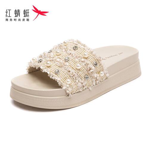 红蜻蜓凉鞋女外穿夏季女鞋厚底仙女风法式珍珠一字拖鞋女WTK25199