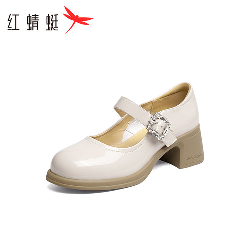 红蜻蜓厚底玛丽珍鞋女鞋2025新款粗跟浅口皮鞋法式复古一字带单鞋 - 封面