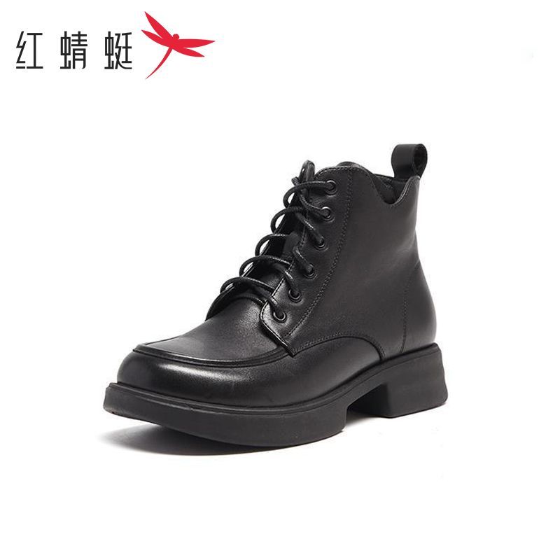 红蜻蜓马丁靴女2025秋季女鞋厚底短靴女英伦系带增高百搭皮靴女