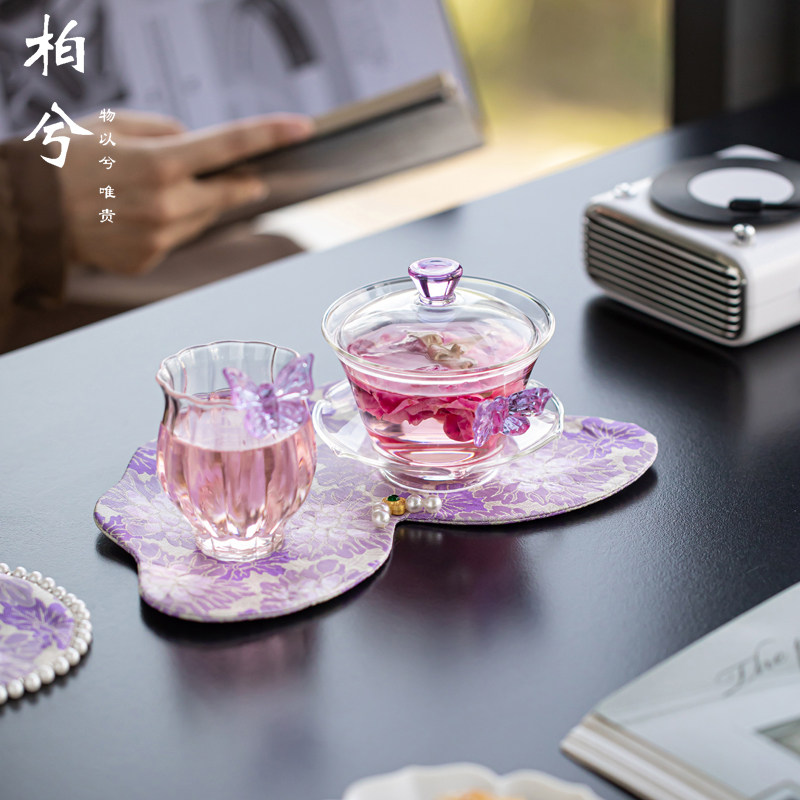 功夫茶具套装家用轻奢高档玻璃盖碗茶杯办公室会客泡茶碗干泡垫
