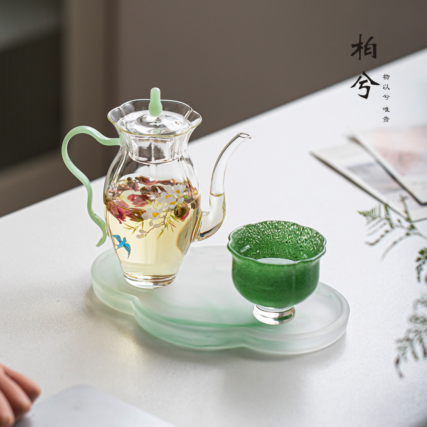 玻璃茶壶茶杯家用泡茶器小清新茶具套装功夫茶具花卉图案一壶一杯