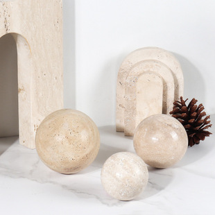 侘寂风天然洞石实心圆球桌面样板间售楼处酒店民宿客厅装 饰品摆件