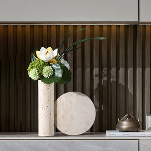 侘寂风天然大理石黄洞花瓶客厅餐桌玄关柜酒店样板间插花装 饰摆件