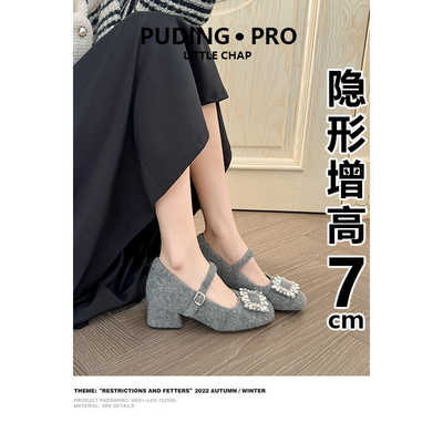 内增高粗跟气质高跟鞋女秋冬季小个子法式晚晚方头水钻毛毛鞋单鞋