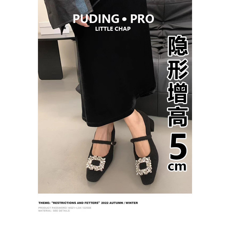 法式低跟黑色气质单鞋女鞋子2025春秋季水钻方头加绒玛丽珍毛毛鞋