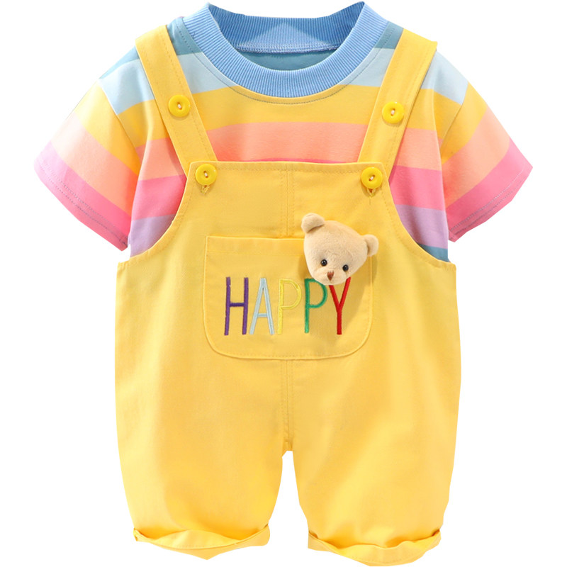 儿童夏季薄款背带裤新款夏装儿童0123岁男童女宝宝洋气彩虹套装潮