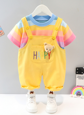 儿童夏季薄款背带裤新款夏装儿童0123岁男童女宝宝洋气Z彩虹套装