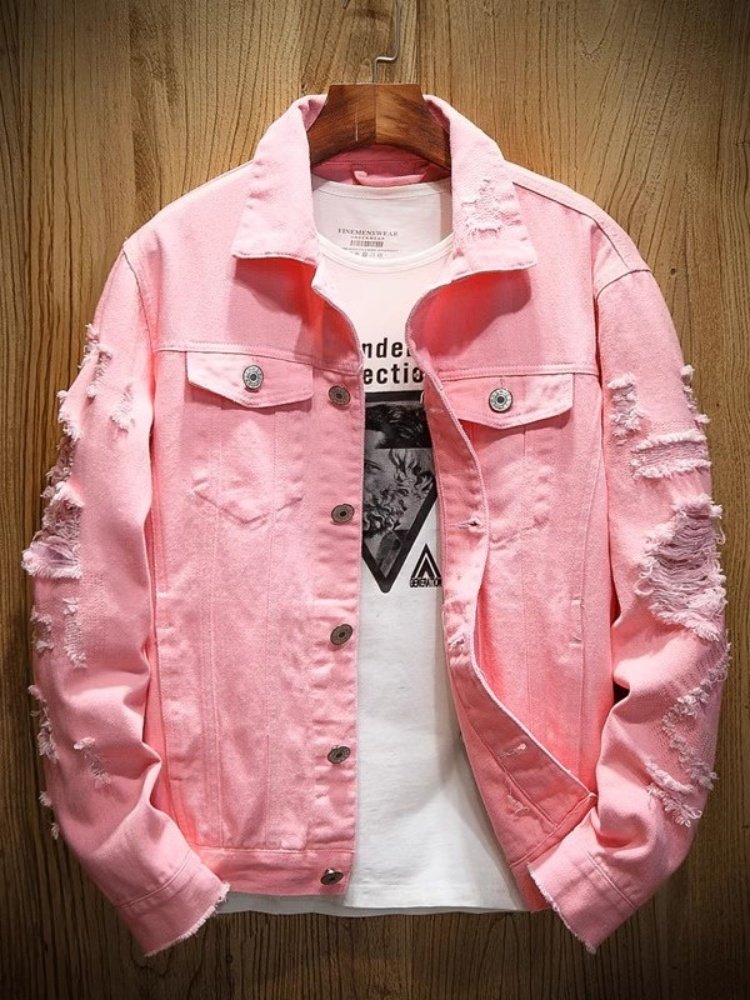 潮牌ins牛仔夹克男加肥大码破洞工装外套日系覆古粉色情侣款上衣,男装,夹克,淘宝优惠券,粉丝福利购,淘宝优惠卷