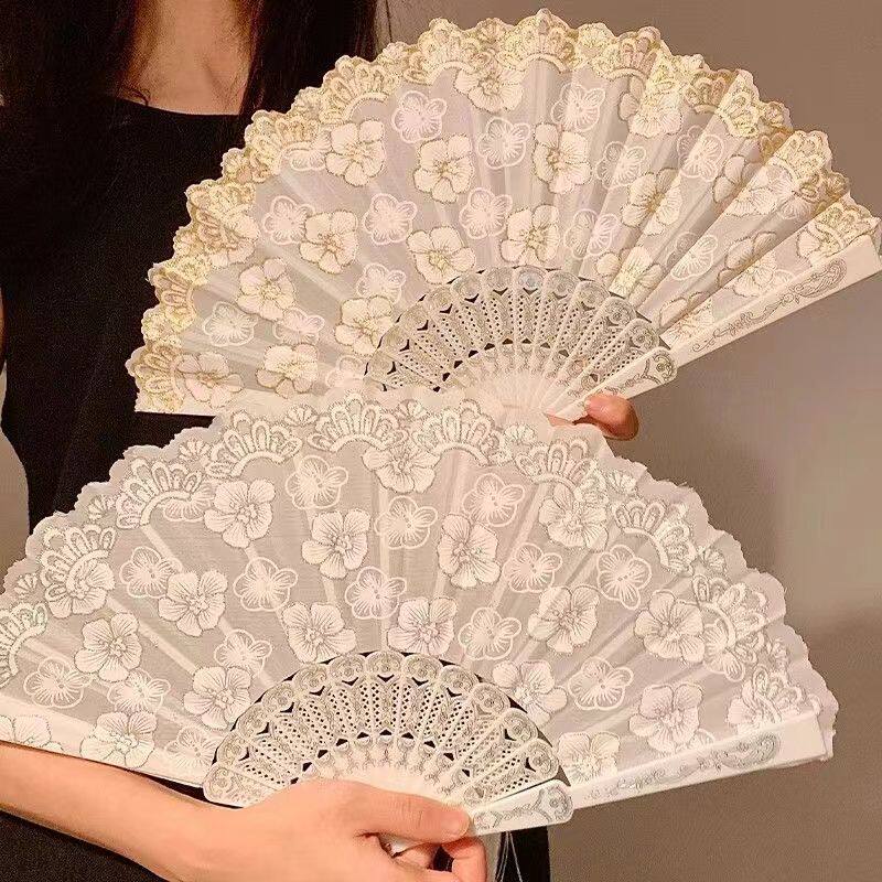 新中式白色蕾丝樱花折叠小扇子夏天国风古风舞蹈马面裙女拍照道具