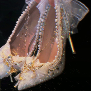 [樱]六芒星原创lolita手作lo鞋18岁成人礼细闪尖头水晶高跟鞋婚鞋