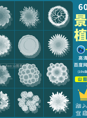 procreate笔刷绿色景观园林花草树木植物平面立面鸟撖图ps笔刷