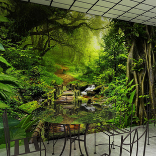 3D自然风景背景墙布客厅沙发立体延伸森林壁布田园绿色树木壁画