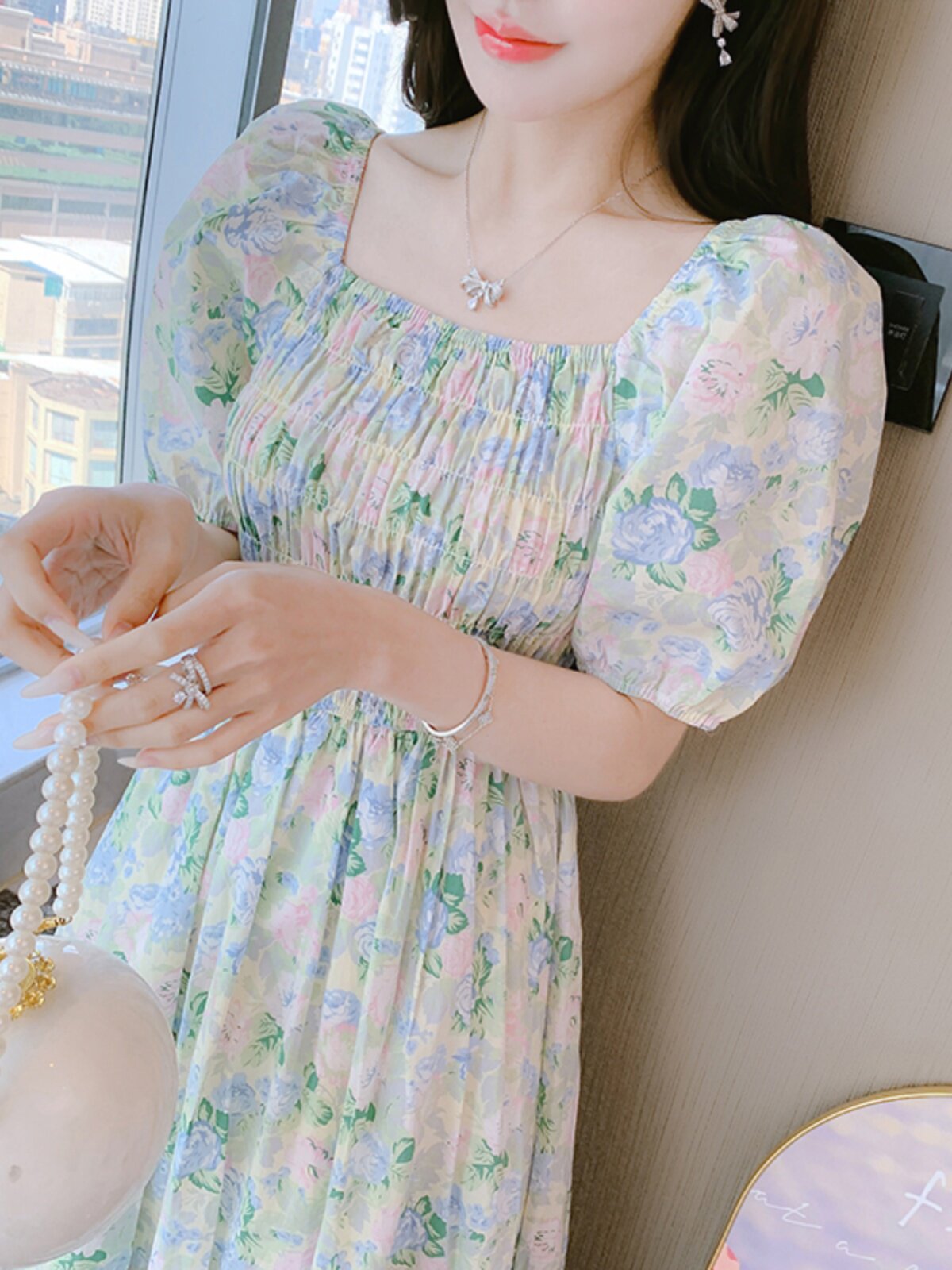 FRENCH SQUARE NECK FLORAL DRESS WOMENS 2024 SUMMER NEW GENTLE STYLE HIGH-WAISTED TEMPERAMENT HIGH-END SLIM SKIRT