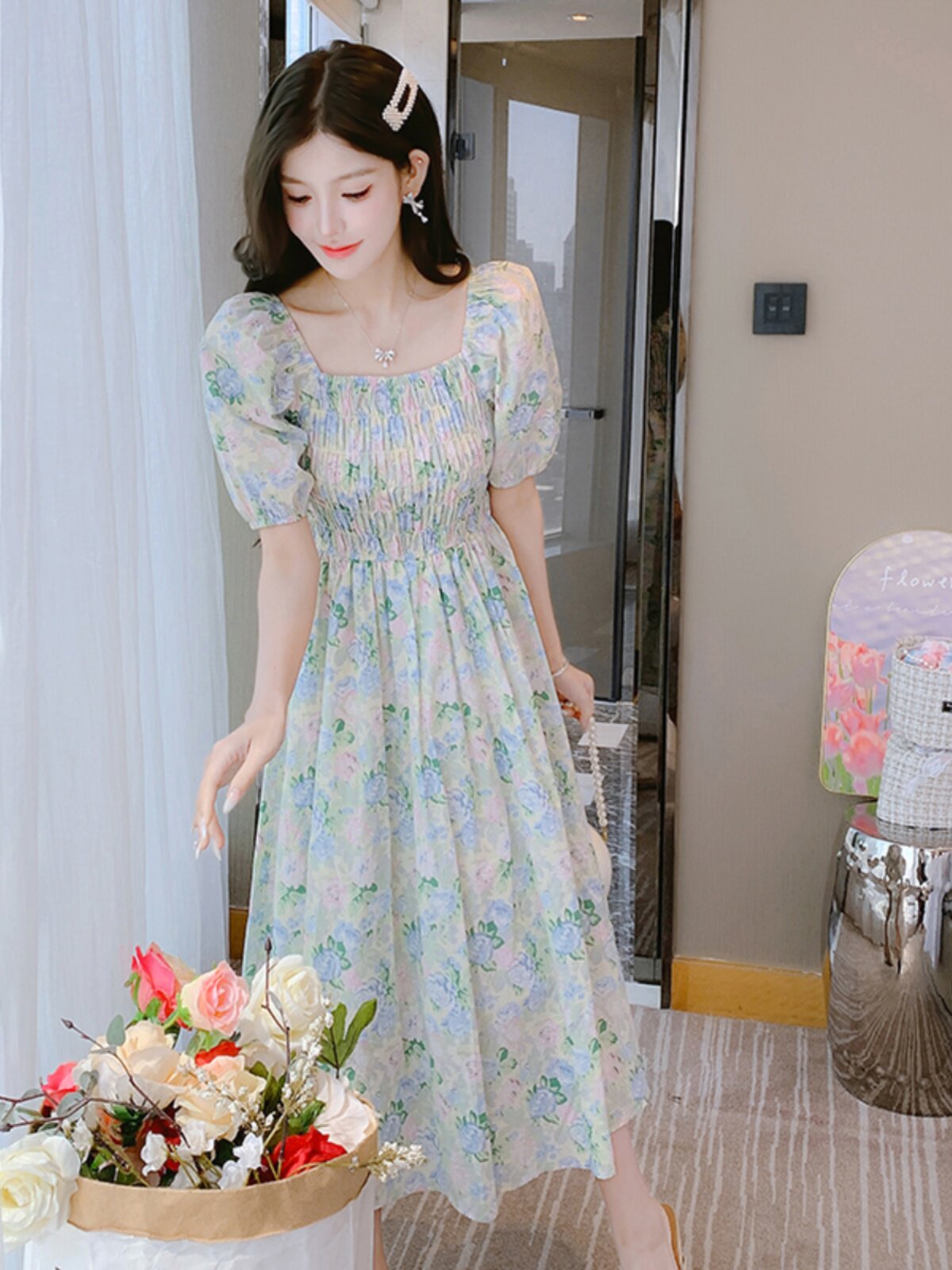 FRENCH SQUARE NECK FLORAL DRESS WOMENS 2024 SUMMER NEW GENTLE STYLE HIGH-WAISTED TEMPERAMENT HIGH-END SLIM SKIRT