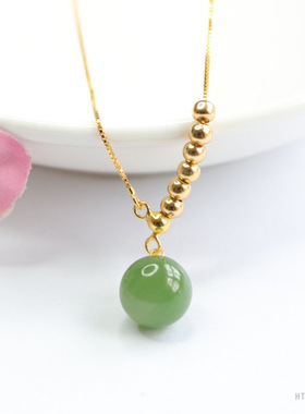 天然和田玉碧玉吊坠18k金圆珠S925银项链高级感毛衣链锁骨链