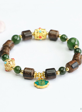 天然和田玉碧玉手串沉香木手链新中式珠宝