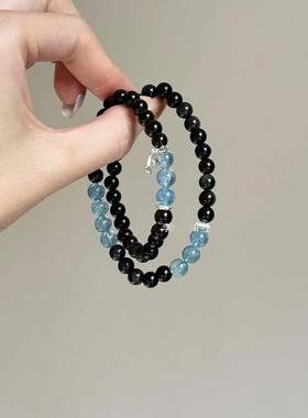 简约设计纯天然黑曜石手串女款海蓝宝补水招财水晶手链送闺蜜礼物