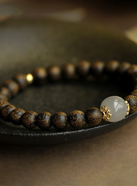 天然沉香单圈圆珠手链DIY原创手工搭配和田玉手串男女款简约时尚