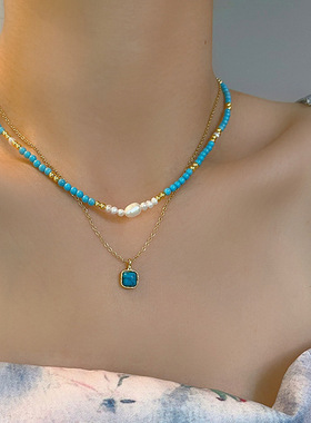 清凉夏日蓝色绿松石项链女 时尚轻奢颈链锁骨链 叠戴淡水珍珠配饰